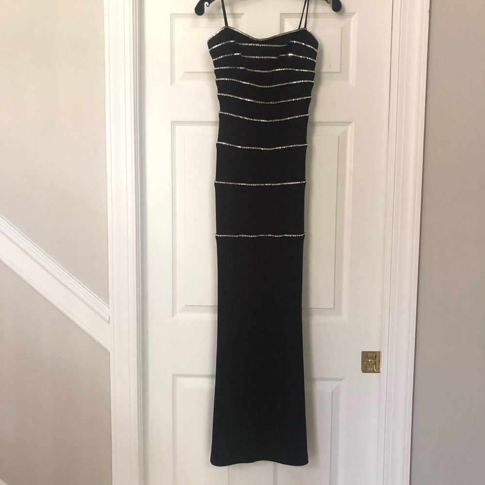 Vtg Nicole Bakti Rhinestone Long Black Gown with Slits